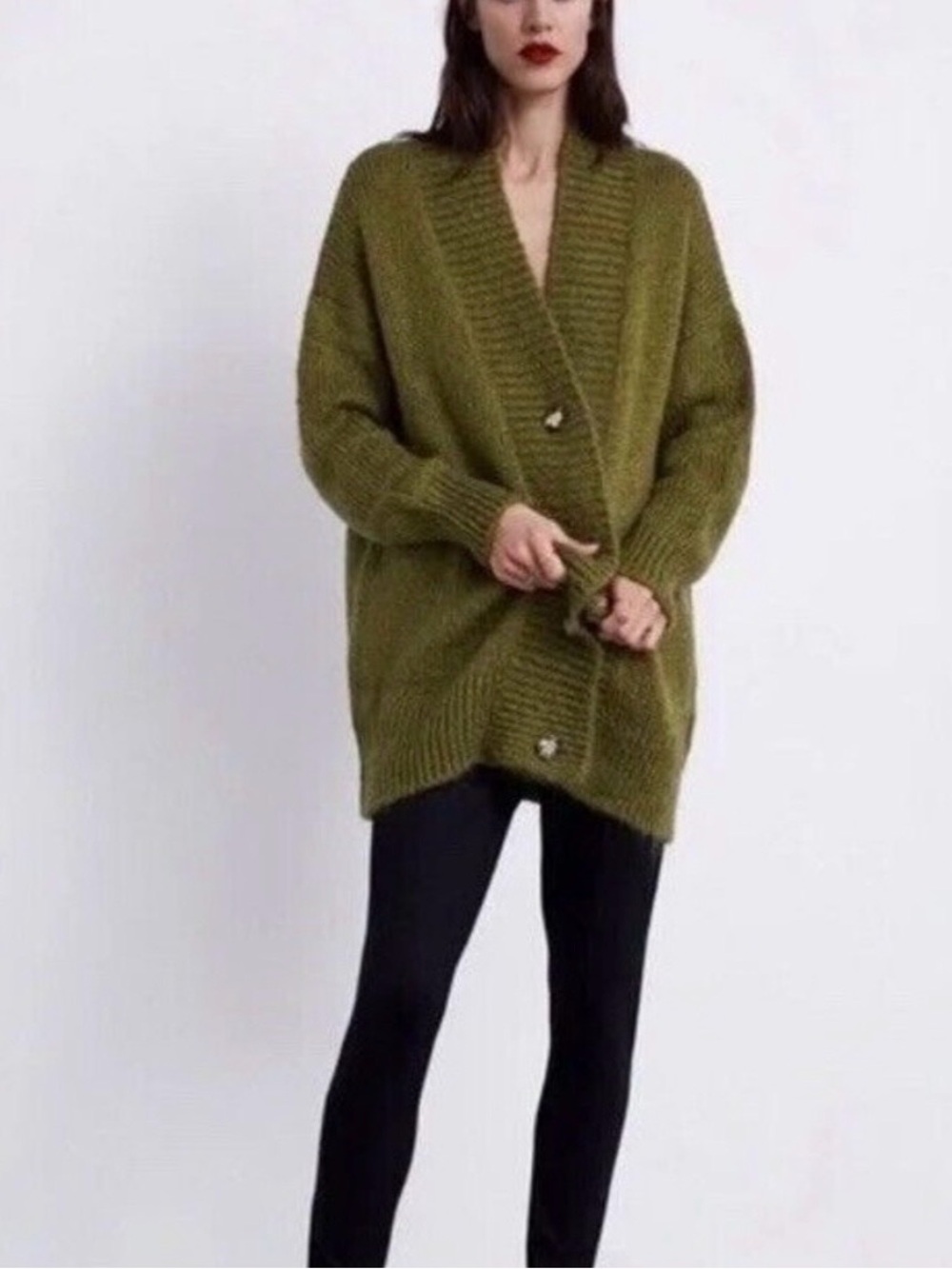 Zara Large Olive Green Oversized V-Neck Button cardigan